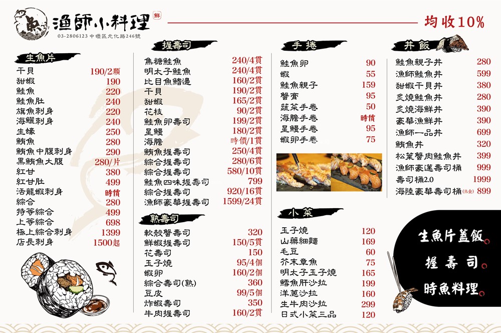 桃園中壢美食│漁師小料理(菜單)。新登場「漁師海陸壽司桶」一次吃到炙燒日本和牛/烤龍蝦/鮭魚肚/炸蝦~超級澎派！還有鮭魚三重奏丼飯也超厲害,